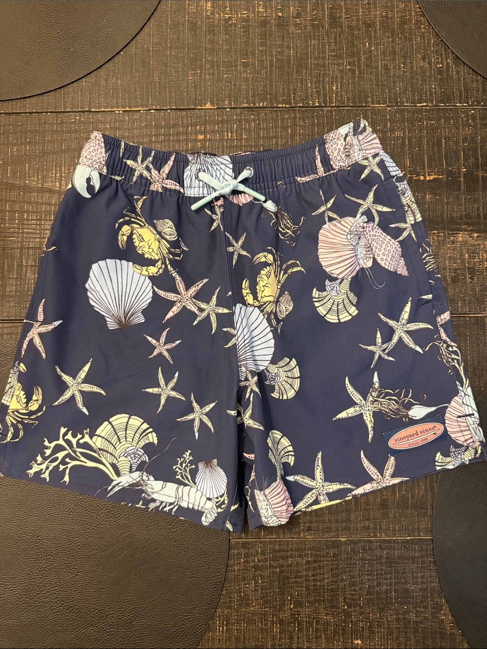 Vineyard Vines Navy Boys Swim Trunks with Pastel Shell & Starfish Print